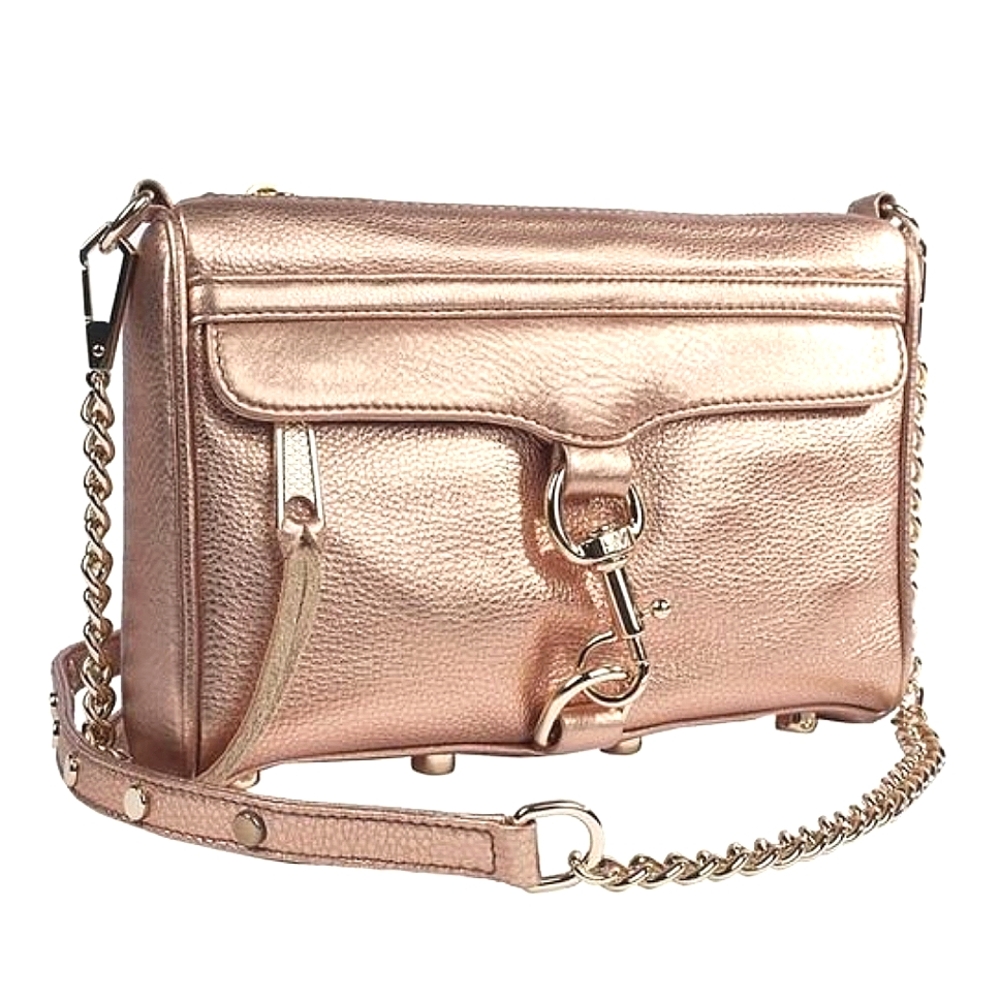 🩷 Rebecca Minkoff Metallic Rose Gold Leather Mini Mac Tassel Buckle Clutch Bag